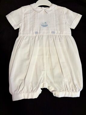 New Sarah Louise Hand Embroidered White Baby One-Piece. New, Boutique, England
